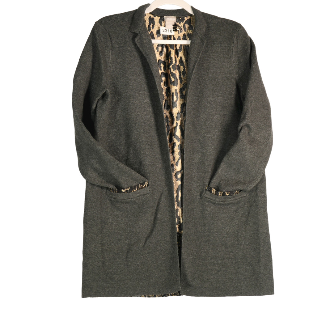 Chico's Blazer Jacket Women Small Gray Wild Print Open Front Cardigan Style
